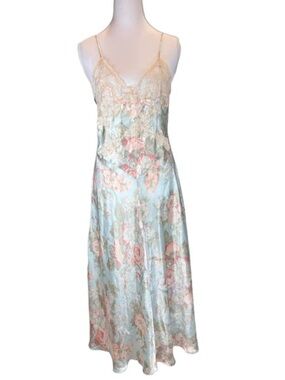 Vintage Victoria’s Secret Long Satin Slip Dress Floral Lace Trim Gold Label S